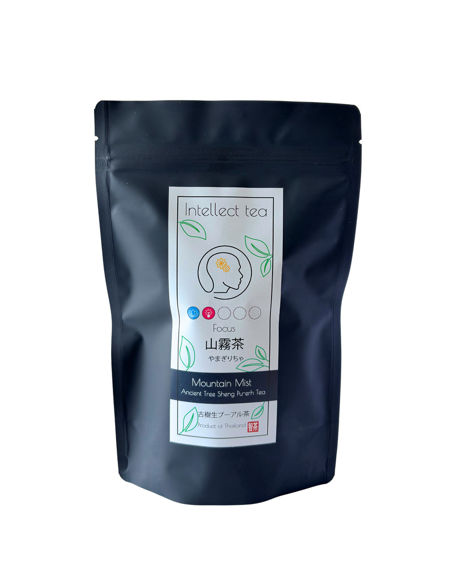 Mountain Mist tea in a black Intellect Tea pouch, front label visible.