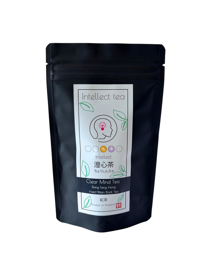 Clear Mind Tea in a black Intellect Tea pouch, front label visible.
