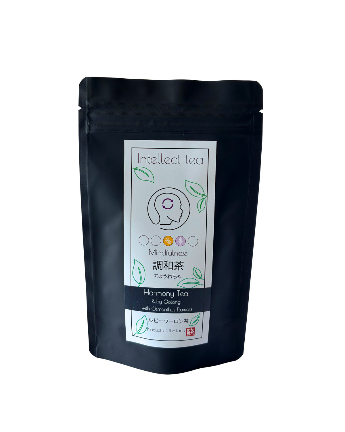 Harmony Tea in a black Intellect Tea pouch, front label visible.